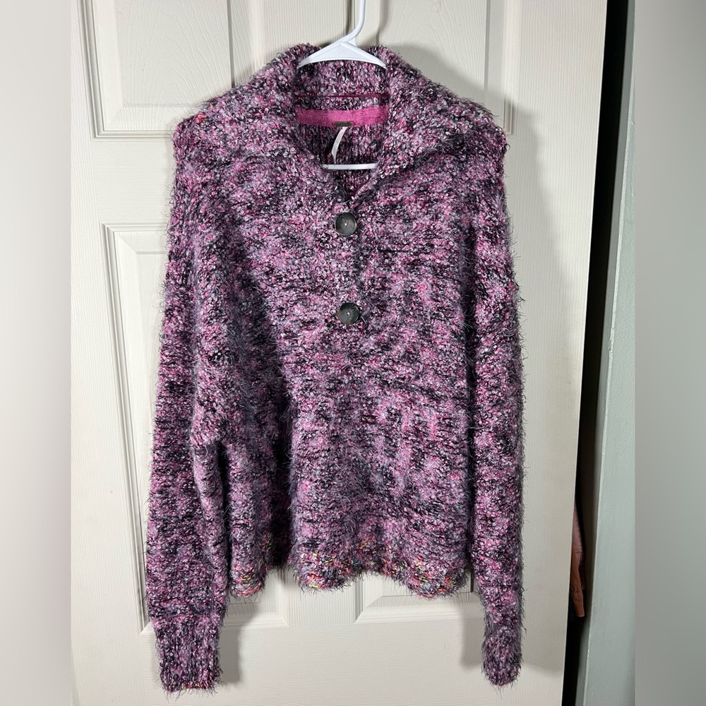 Free People Stellar Sweater, purple pink black, eyelash, warm cozy - Picture 2 of 6
